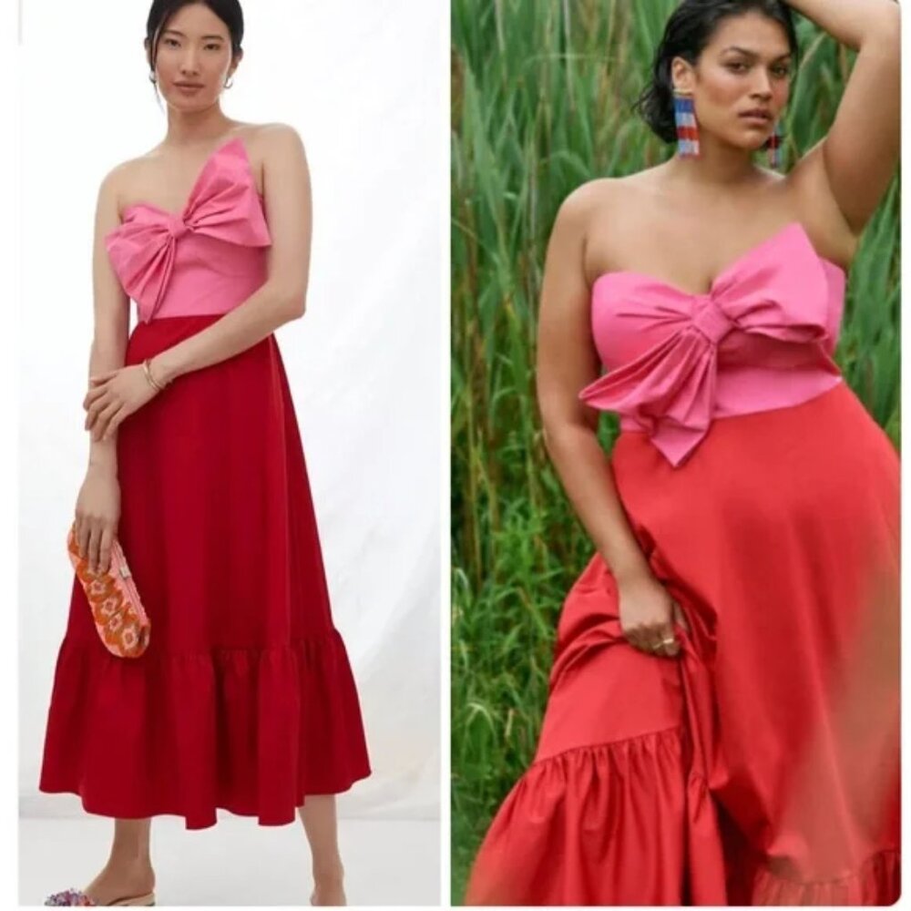 Anthropologie Hutch Bow-Tie Red & Pink Maxi Dress w/Pockets! - Size 10P
